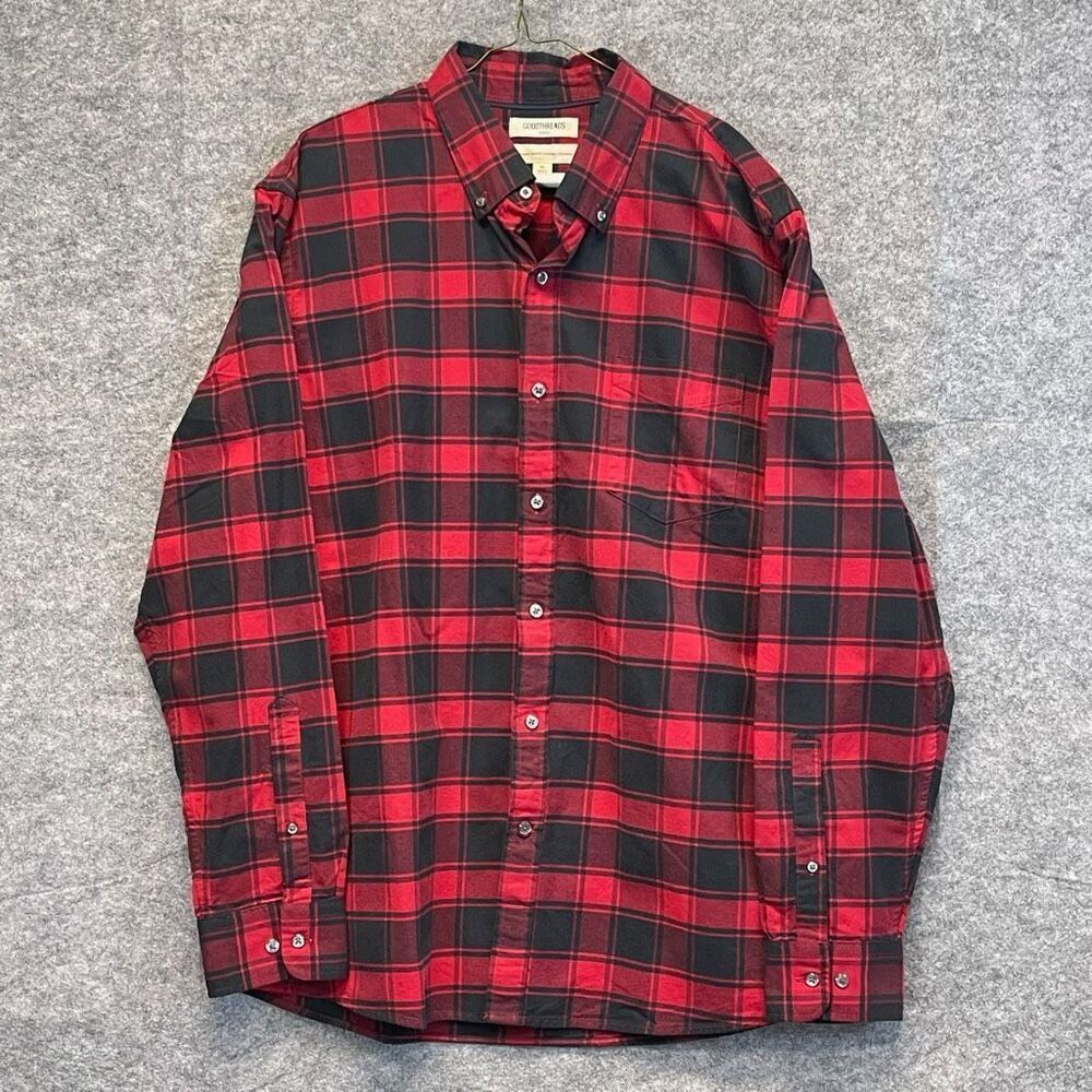GOODTHREADS Button Down Shirt Men's XL Black Red Buffalo Plaid Oxford Standard